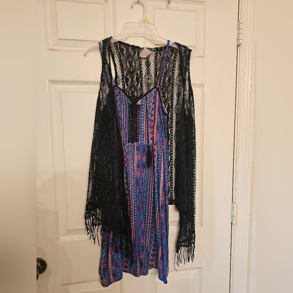 Black Lace and Multicolor Patterned Dress